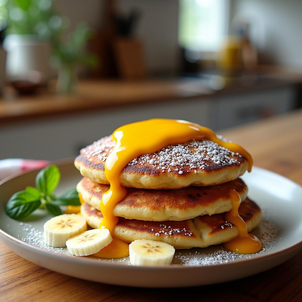 Crispy banana pancakes with mango dipping sauce and fresh mint