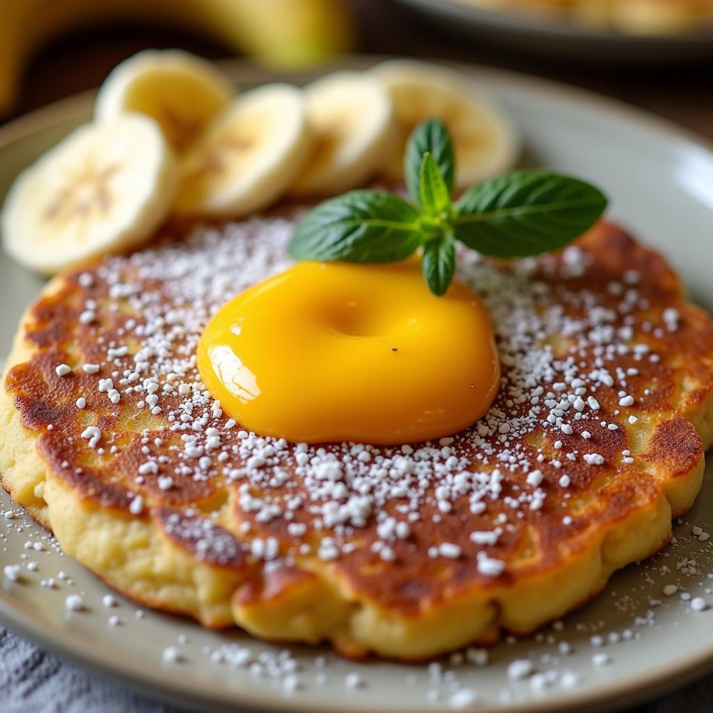 Crispy banana pancake with mango dipping sauce and fresh mint