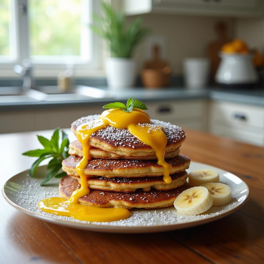 Kitchen with crispy banana pancakes and mango dipping sauce