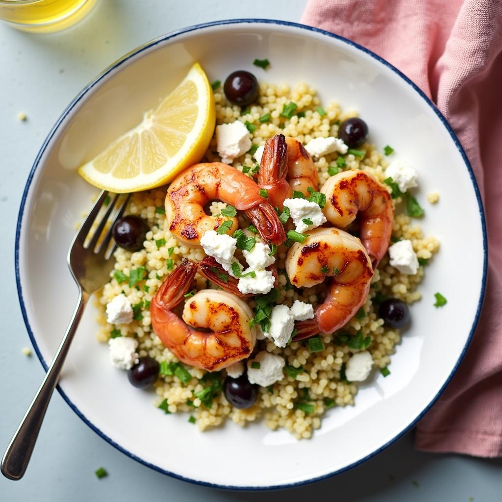 Beautifully plated Grilled Lemon-Herb Israeli Couscous with Pan-Seared Shrimp and Feta dish