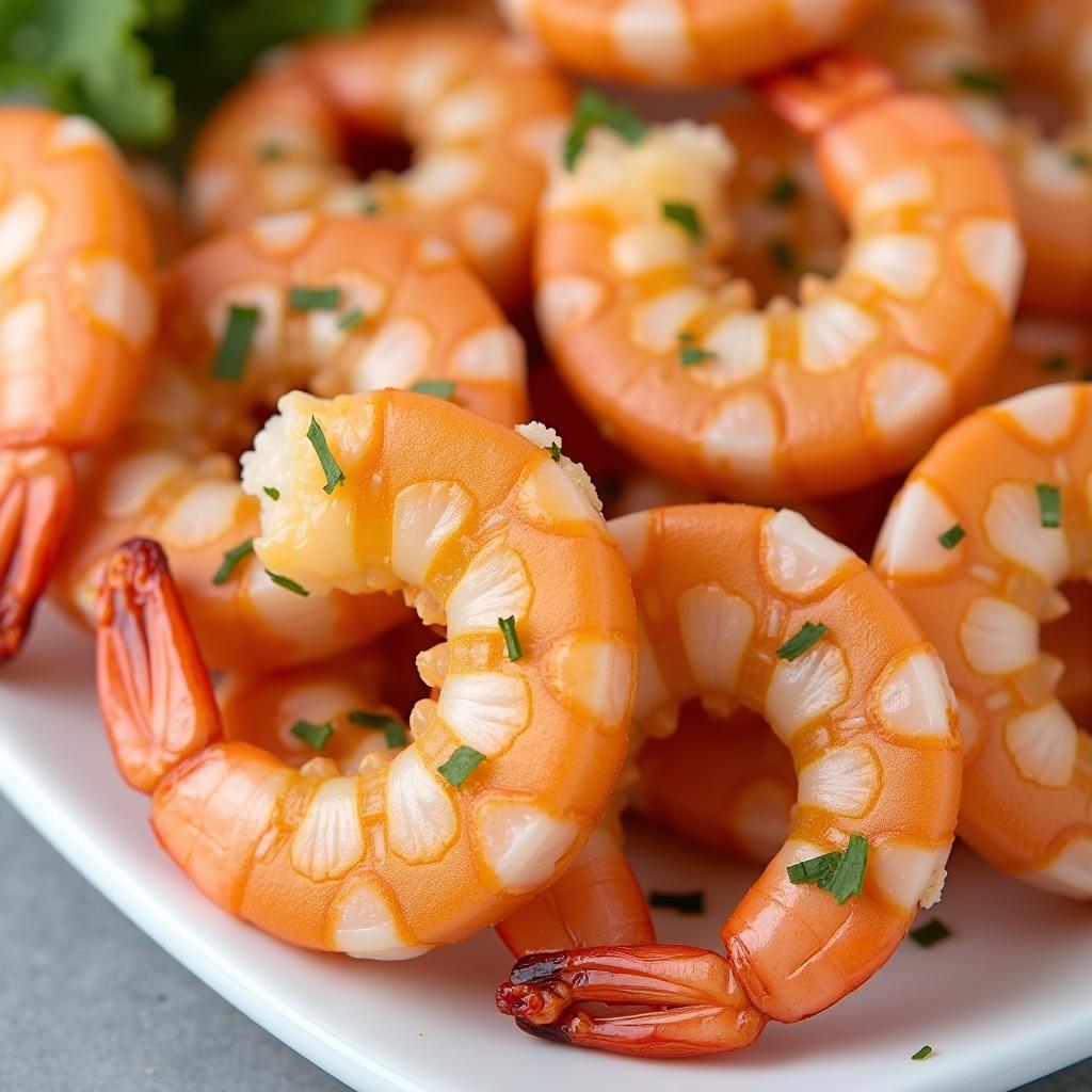 Close-up of freshly marinated shrimp on a plate with a white backround