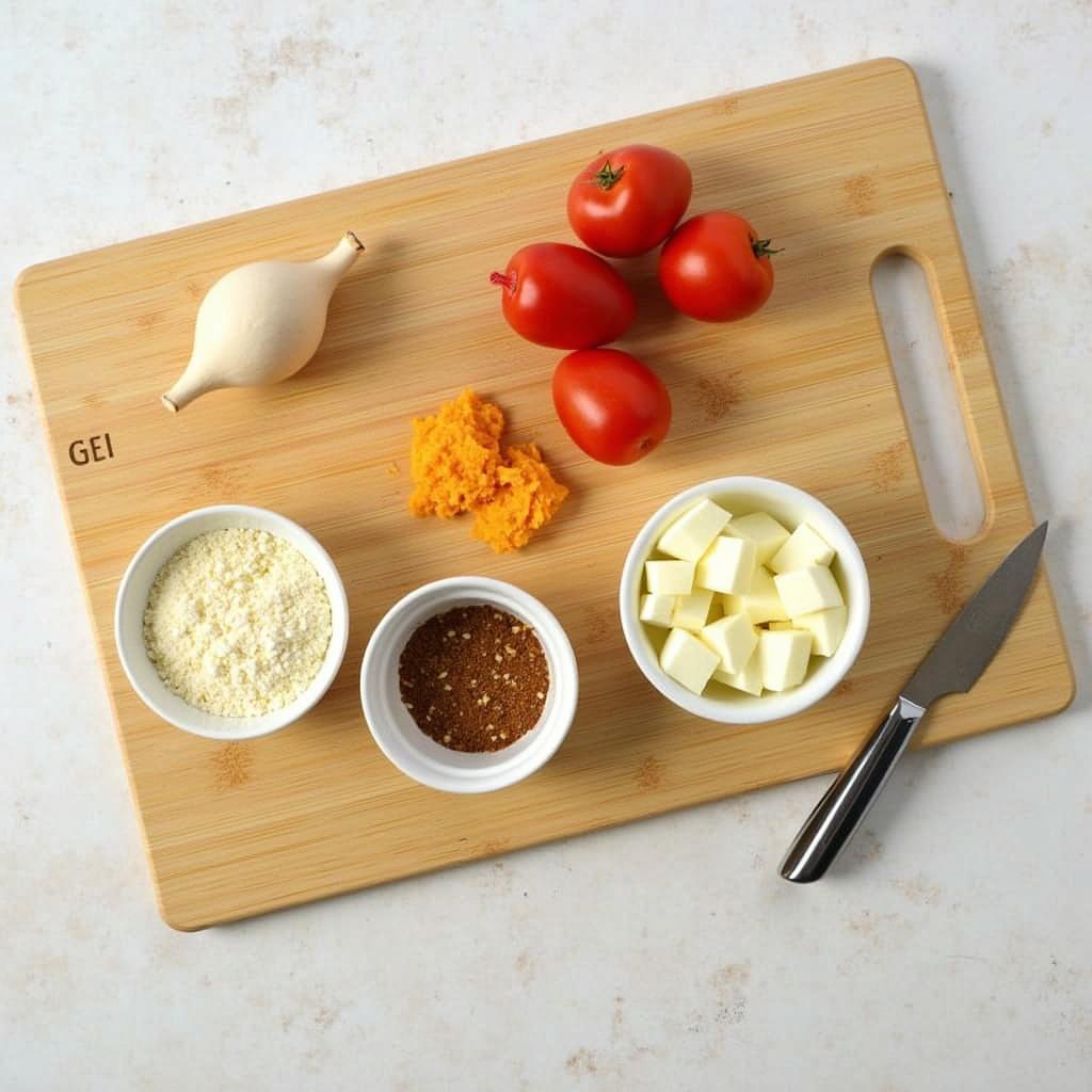 Photo of cutting board with various ingredients: shrimp, cilantro, kimchi, gochujang, lime, and sesame seeds ready for K-Town Shrimp Tacos.