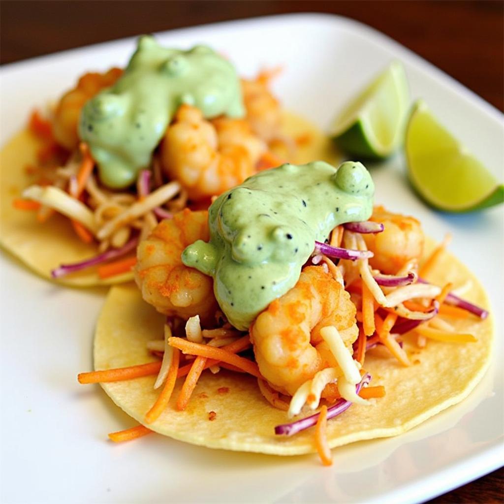 K-Town Shrimp Tacos with Gochujang Slaw and Cilantro Lime Crema