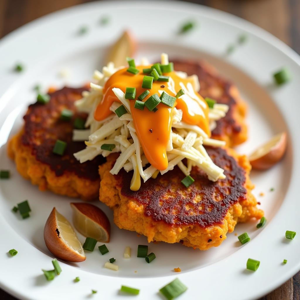 Sweet potato cakes with spicy mayo slaw