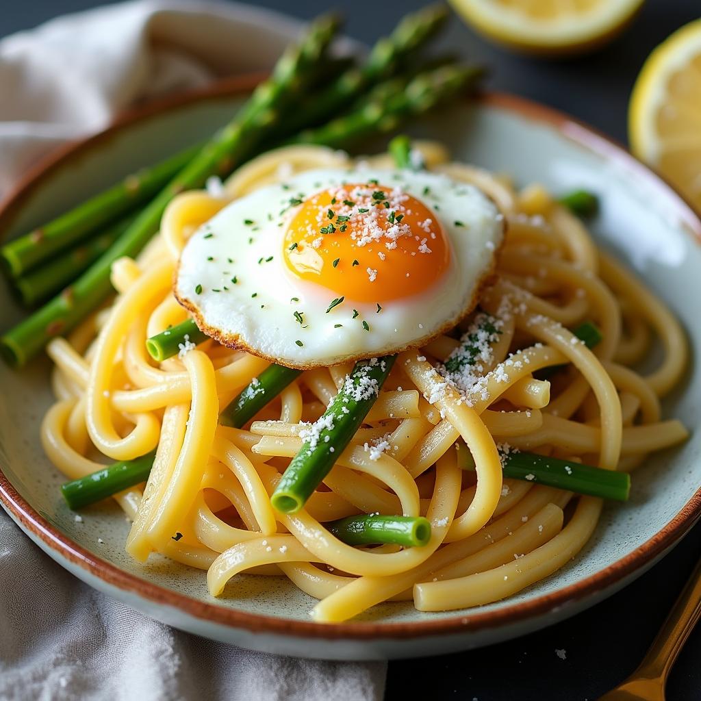 Spring Sunrise pasta with a poached egg and Parmesan cheese