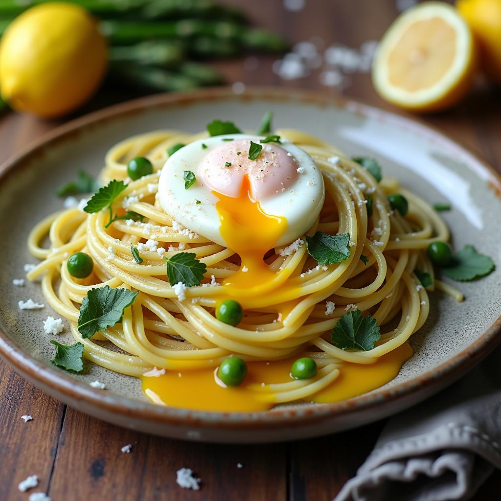 Spring Sunrise: Lemon Asparagus Pasta with Truffle Oil and Poached Egg