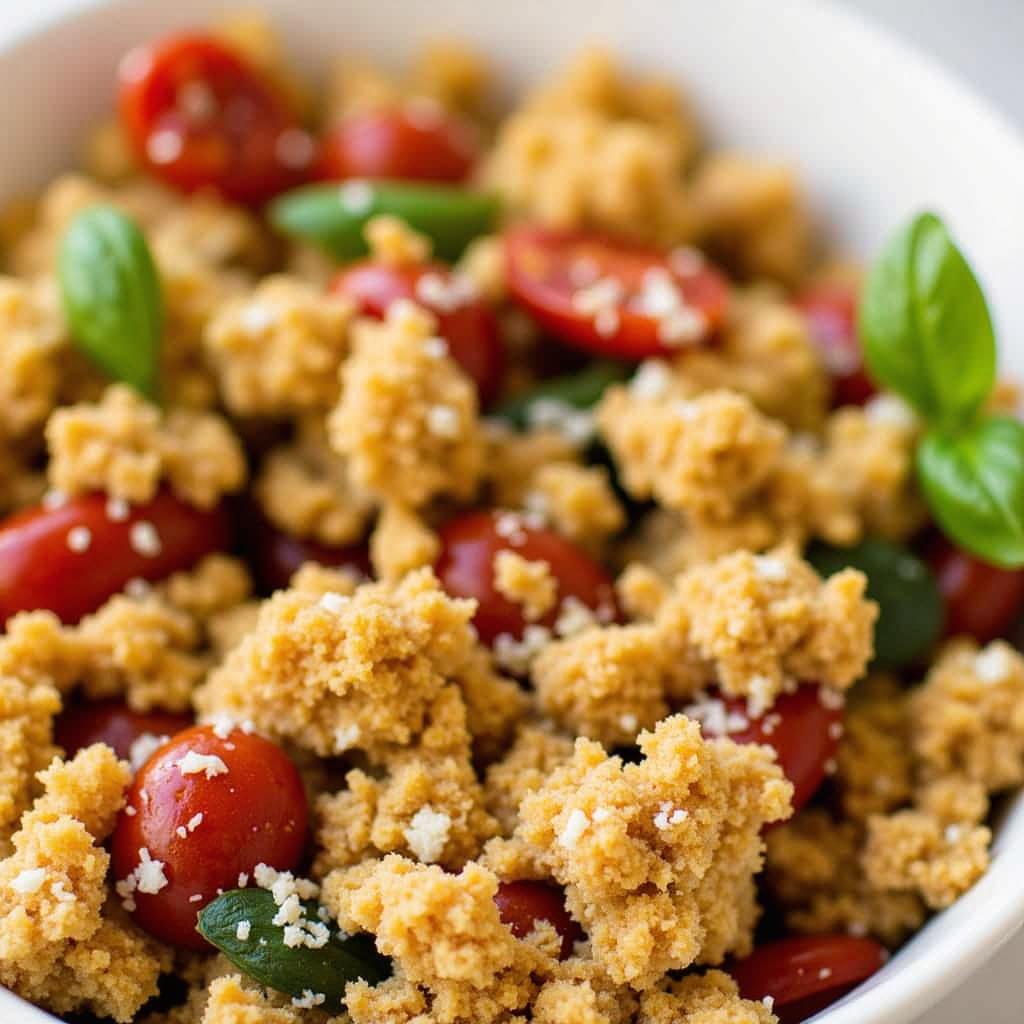 Textured dried tomato crumble with Parmesan cheese and basil