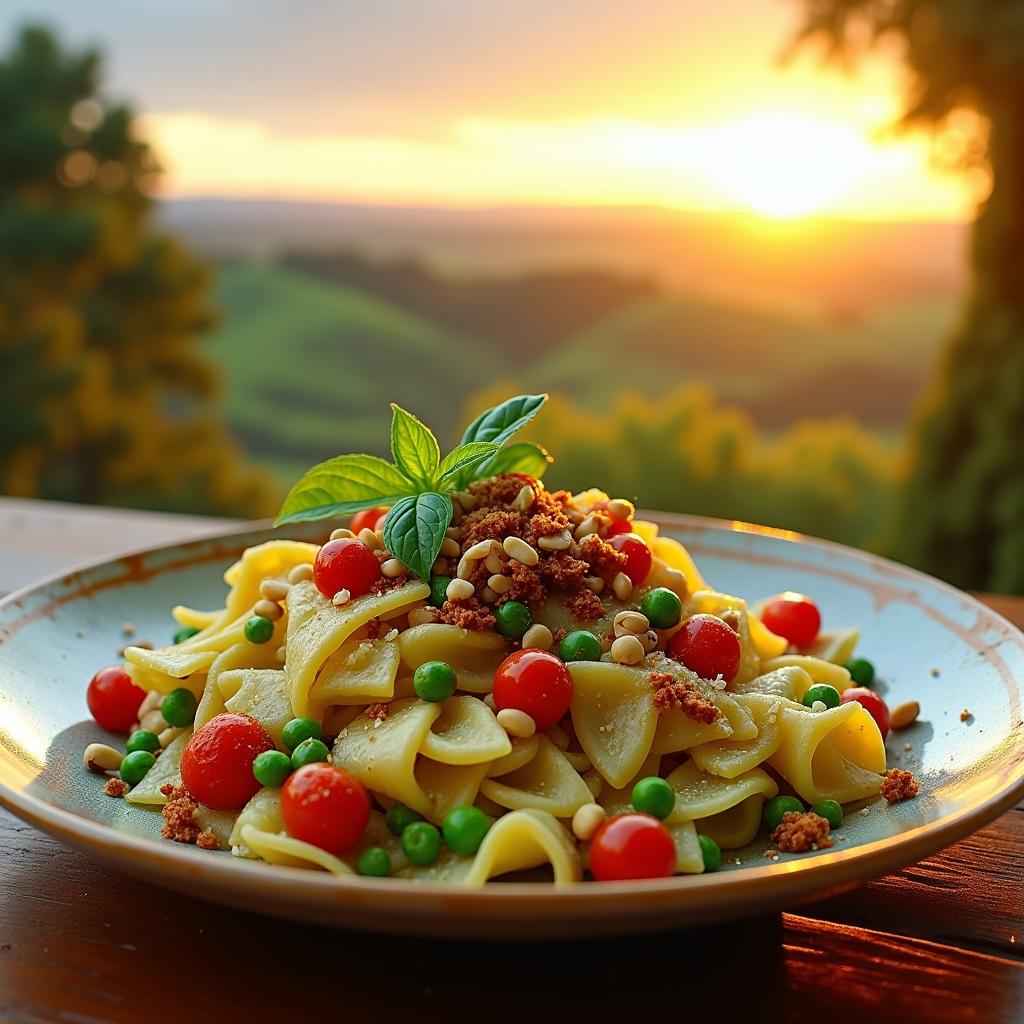 Sunset in Tuscany: Lemon-Glazed Zucchini Pasta with Peas, Cherry Tomatoes, and Dried Tomato Crumble