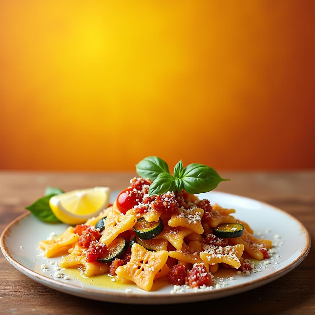 Tuscan Sunset Farfalle - vibrant pasta dish with cherry tomatoes, lemon, and caramelized onions