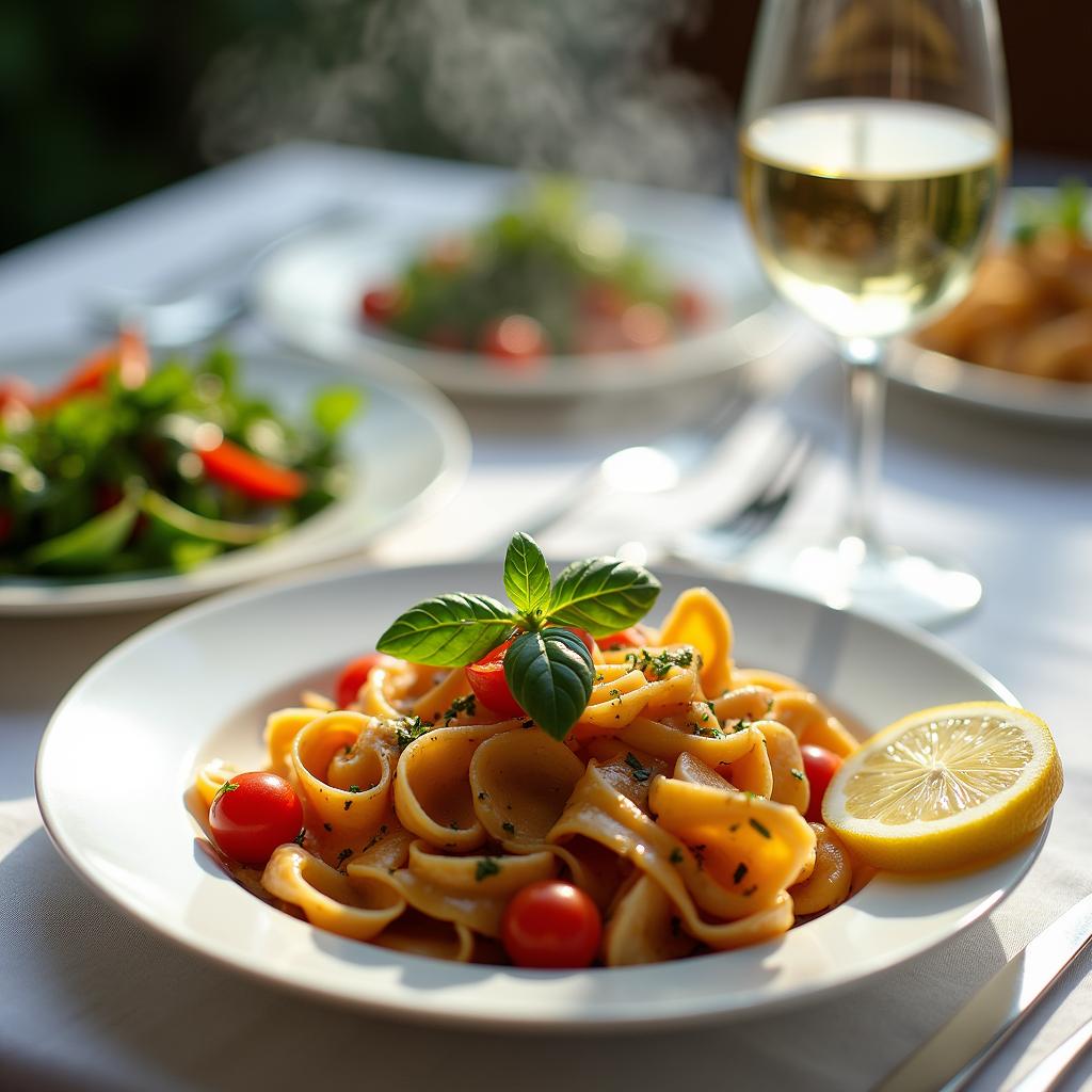 Tuscan Sunset Farfalle - beautifully set table with pasta dish, steamed vegetables, and Pinot Grigio wine