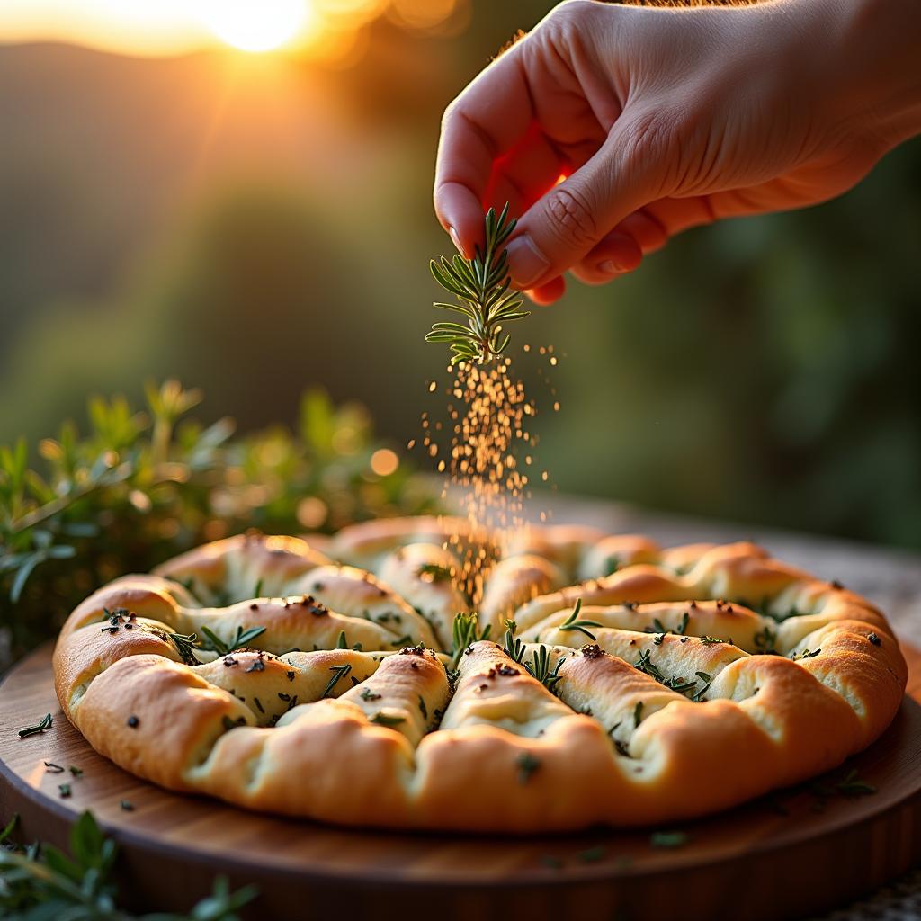 Rosemary sprinkled over Tuscan Sunset Focaccia with blurred kitchen background