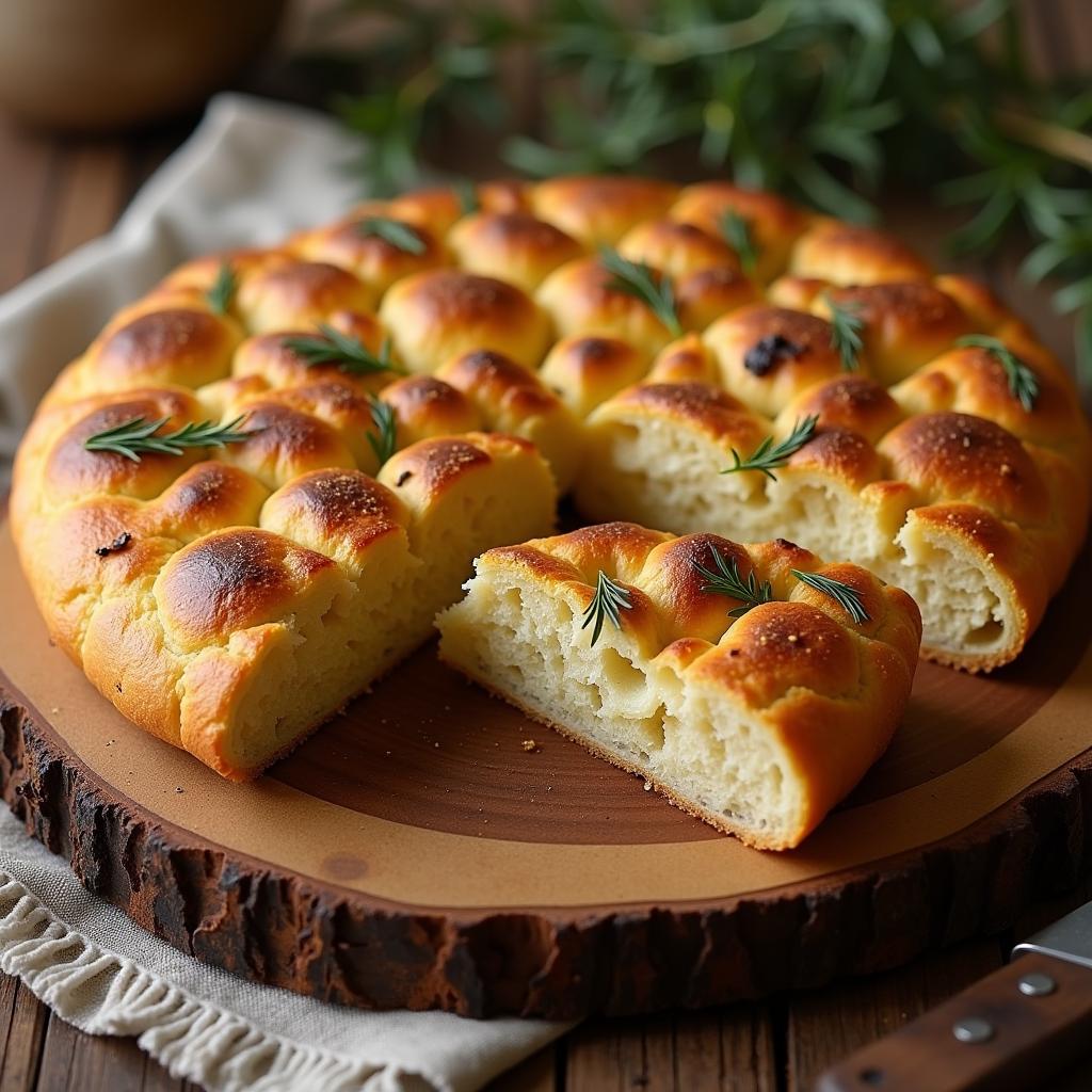 Tuscan Sunset Focaccia on a rustic wooden board with a slice cut off